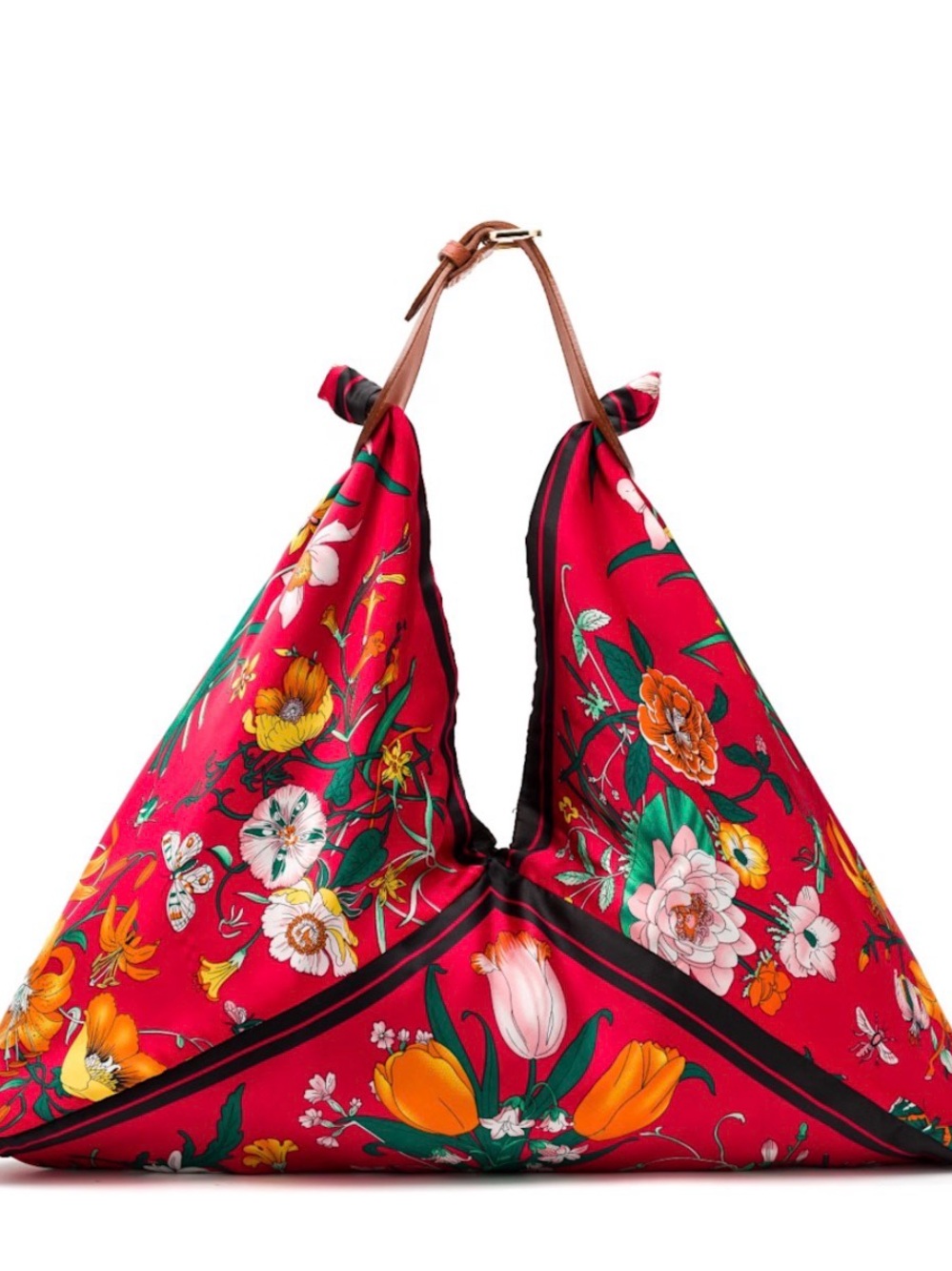 DANNI RO Like New Joy Scarf Bag - Red Floral Satin with Black Leather Strap